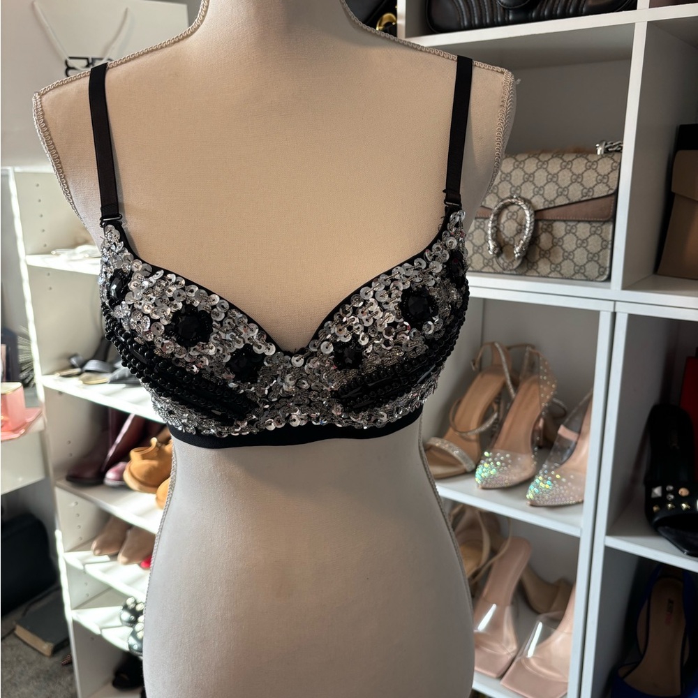 Sequin Embellished Black Bra